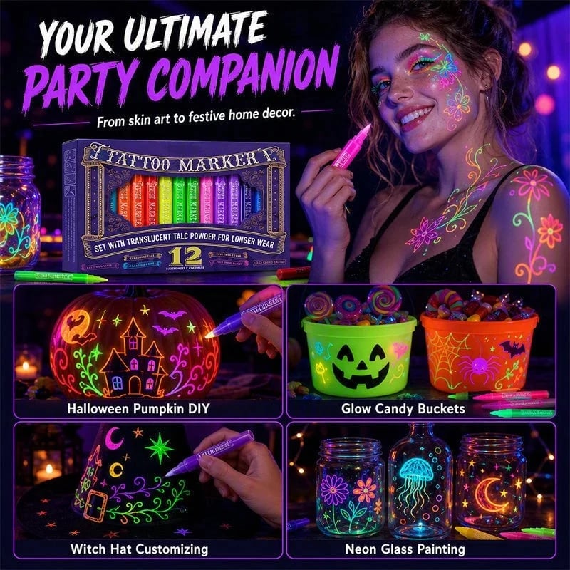 Set of twelve saturated luminous tattoo marker colors