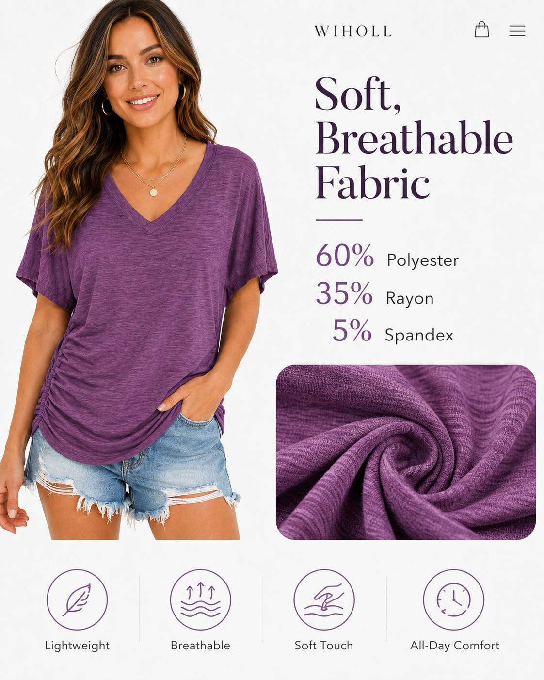 WIHOLL SwimWeek Womens Short Sleeve V Neck Dolman Tops with Side Shirring Loose Fit Shirts WIHOLL SwimWeek Womens Short Sleeve V Neck Dolman Tops with Side Shirring Loose Fit Shirts