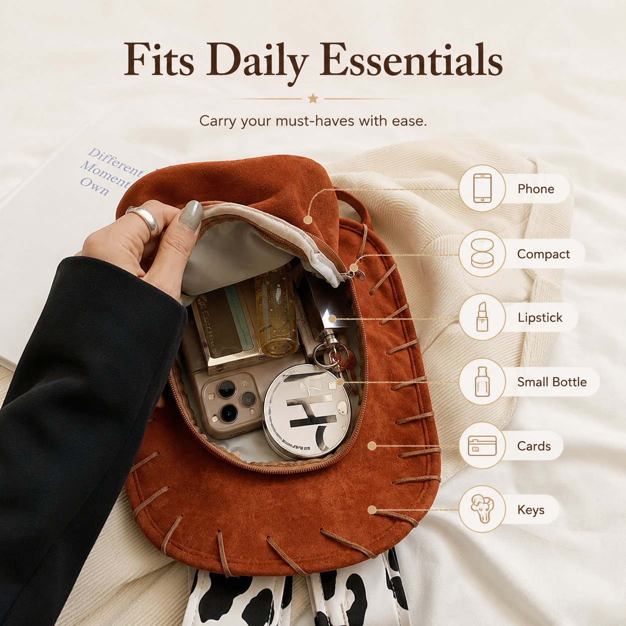 Western style cowboy hat shaped backpack with cow print straps outfit detail