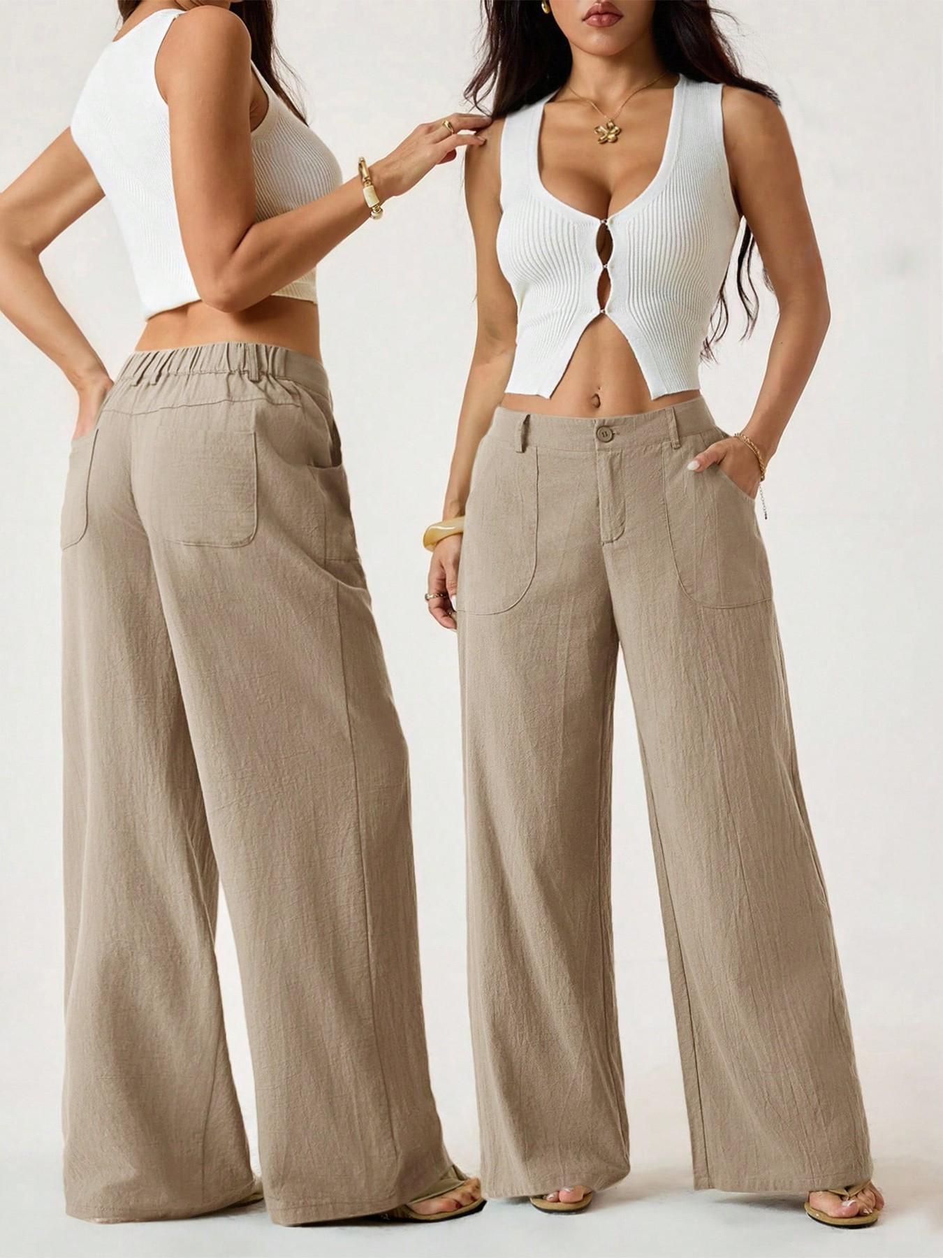 Women's Cotton Linen Palazzo Pants Summer Flowy Wide Straight Leg Beach Trousers With Pocket Casual Solid Color Soft Elastic High Waist Lounge Pants