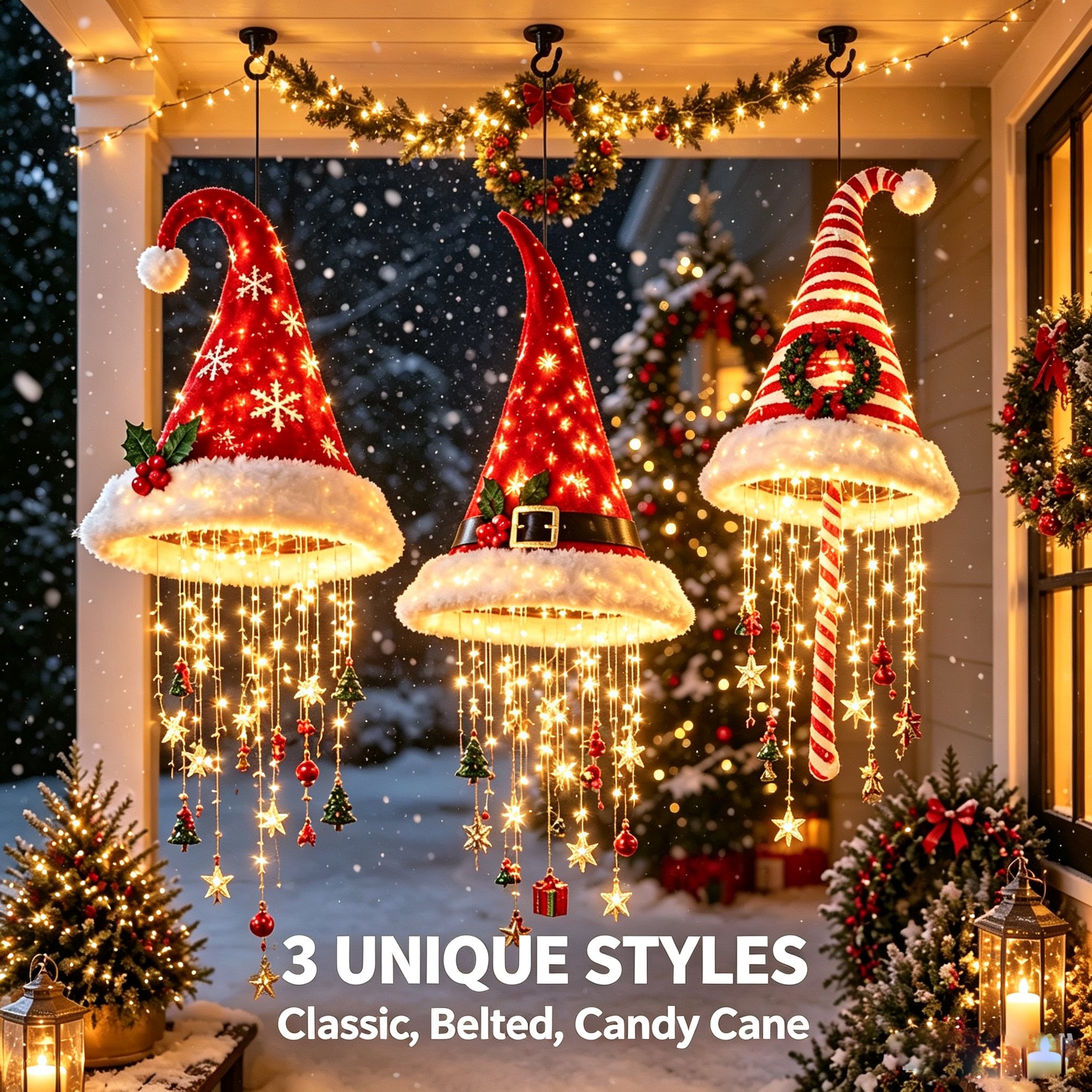 Three Santa hat chandelier styles