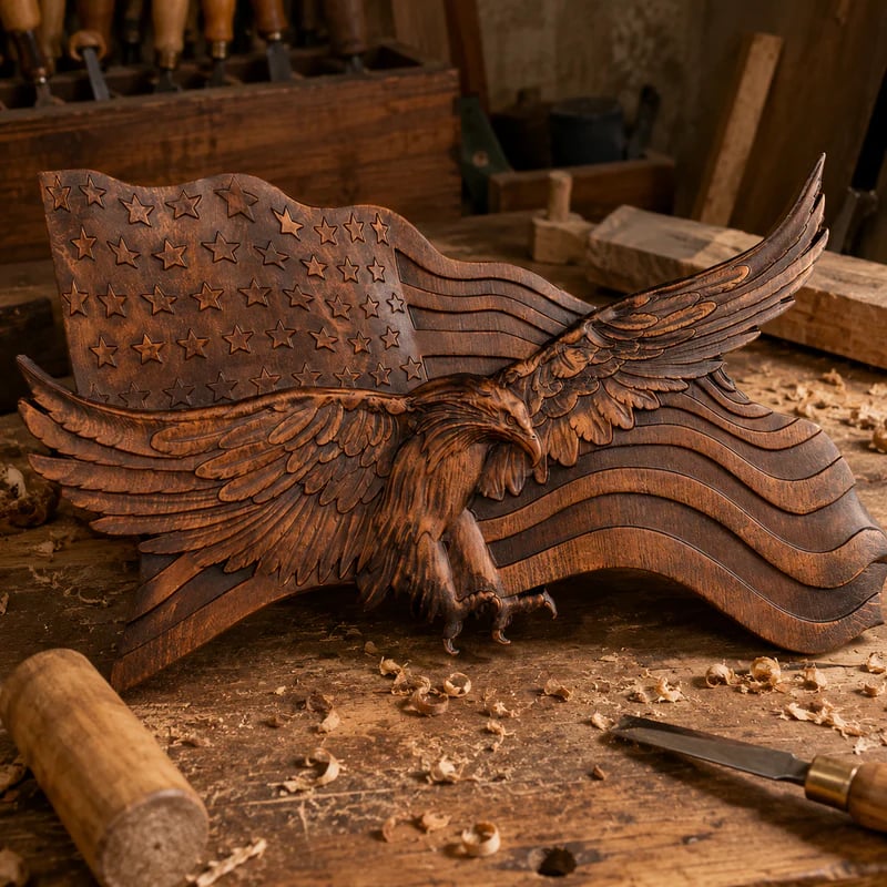 Hand-carved wooden eagle American flag wall plaque