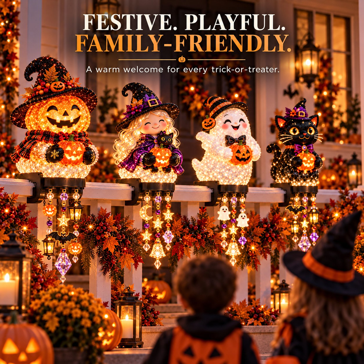 Family friendly Halloween porch railing decorations