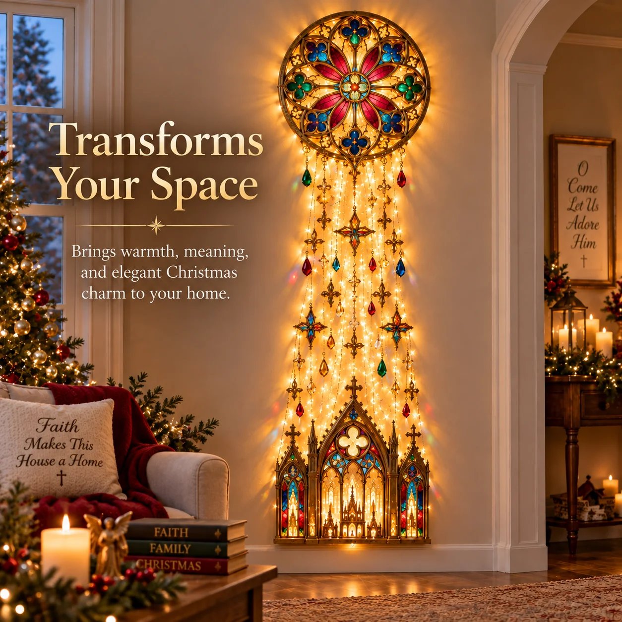 Cathedral-inspired wall decoration in a warm Christmas living room