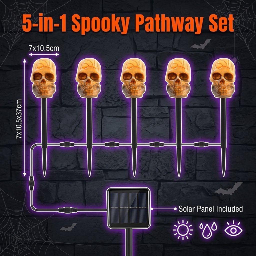 Retro Skull 5 piece connected solar stake lights