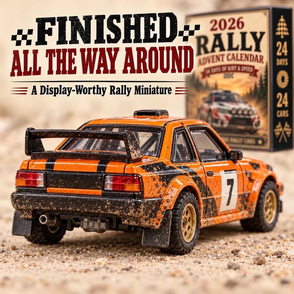 Orange's miniature rally car, rear view