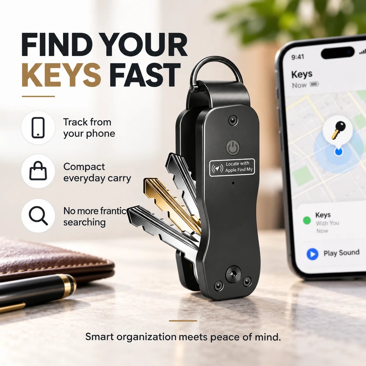Smart key organizer shown beside Apple Find My interface Smart key organizer shown beside Apple Find My interface