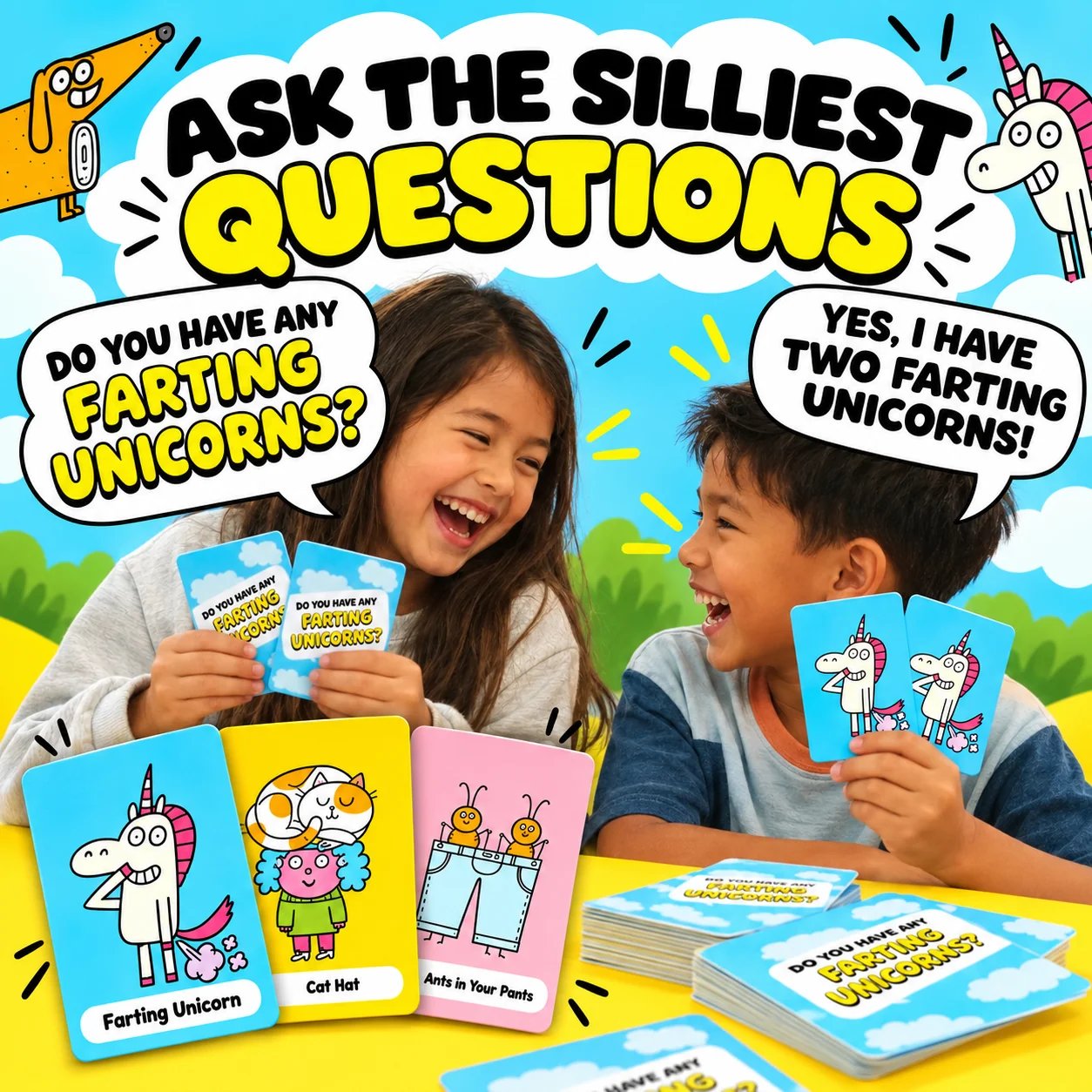 Kids asking silly questions while playing Go Fish card game