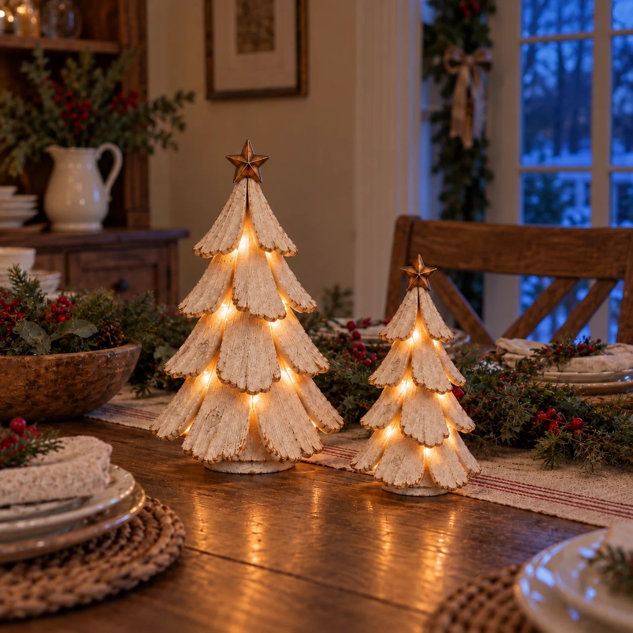 Two vintage lighted Christmas trees on a dining table