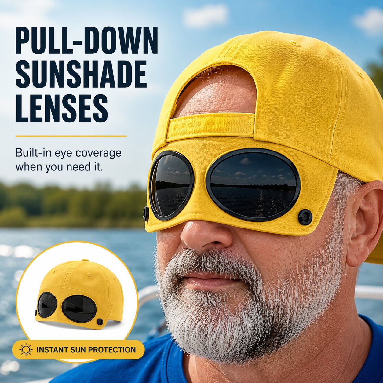 Pilot cap with pull-down sunshade lenses covering eyes
