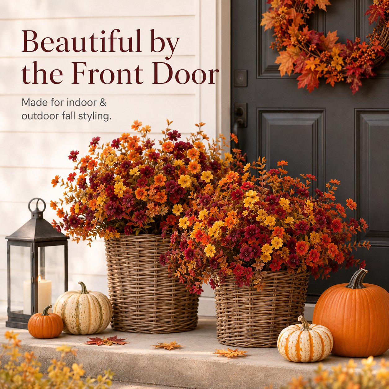 Mixed artificial fall flower bouquets styled in a cozy kitchen and dining area Mixed artificial fall flower bouquets styled in a cozy kitchen and dining area