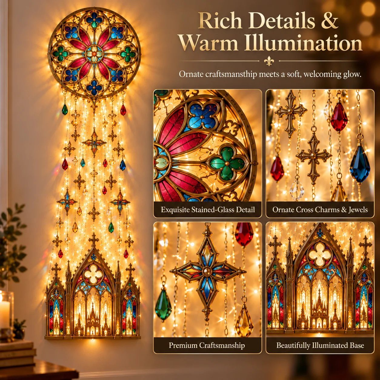 Cathedral-inspired wall light with hanging crosses and jewel-like accents