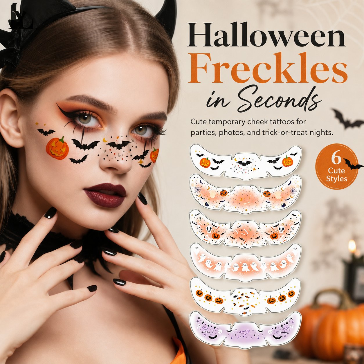 Halloween freckle temporary face tattoos with pumpkin and bat designs Halloween freckle temporary face tattoos with pumpkin and bat designs