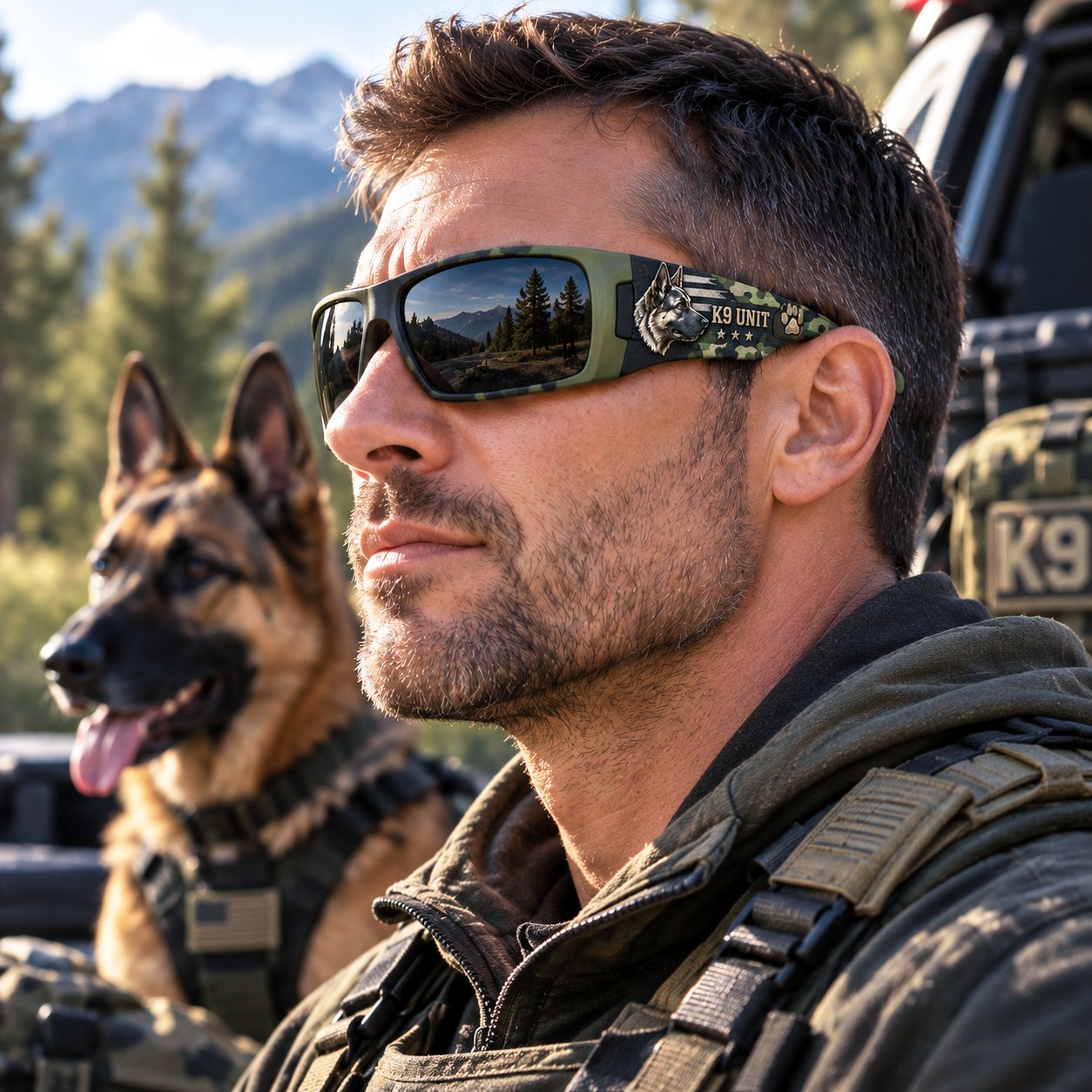 Man wearing K9 Guardian sunglasses outdoors beside a German Shepherd
