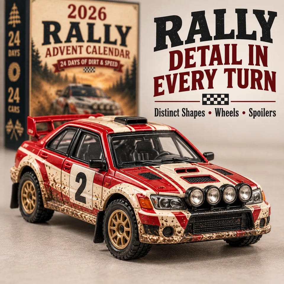 Close-up of a red miniature rally car