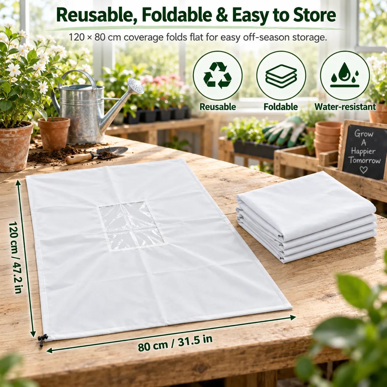 Reusable plant frost cover shown flat at 120 by 80 centimeters and folded for storage