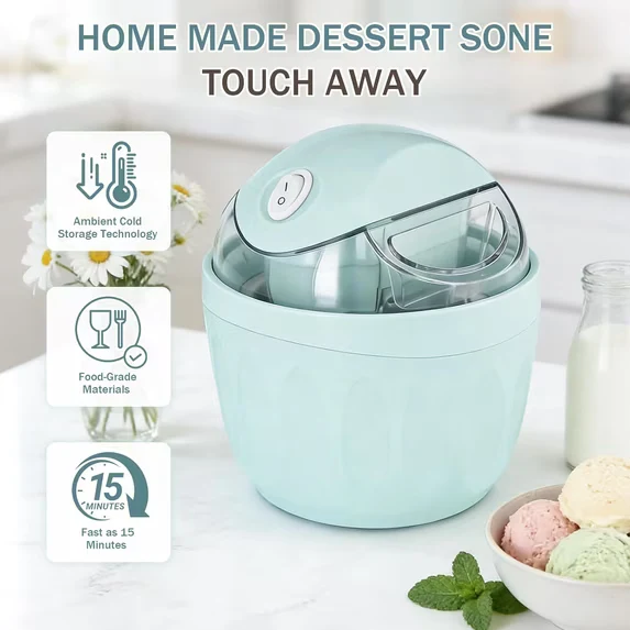 Compact personal homemade ice cream maker with finished frozen dessert