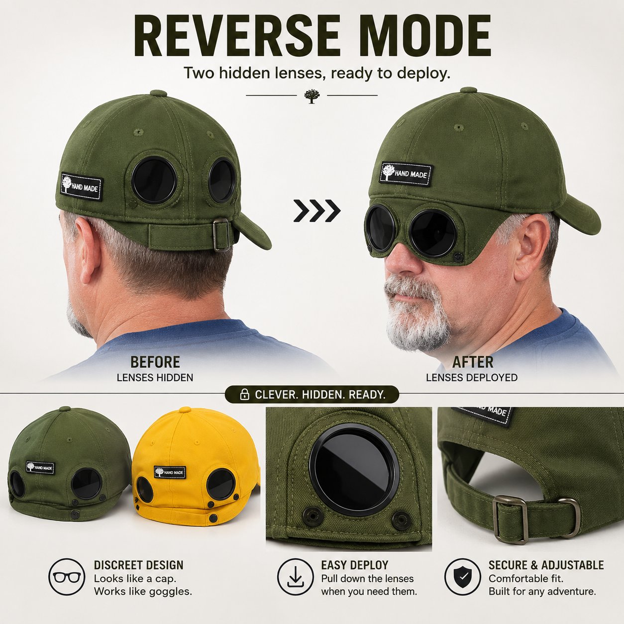 Reverse mode pilot cap lens placement and color details