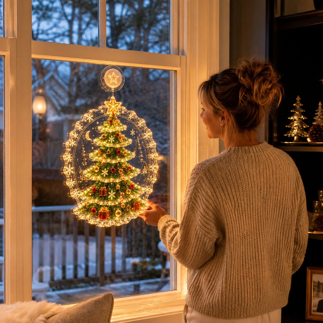 Customer displaying the Christmas tree window light