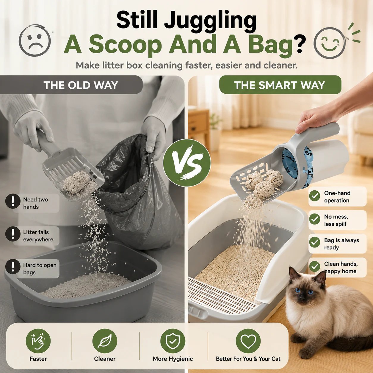 One-hand cat litter cleanup compared with traditional scooping