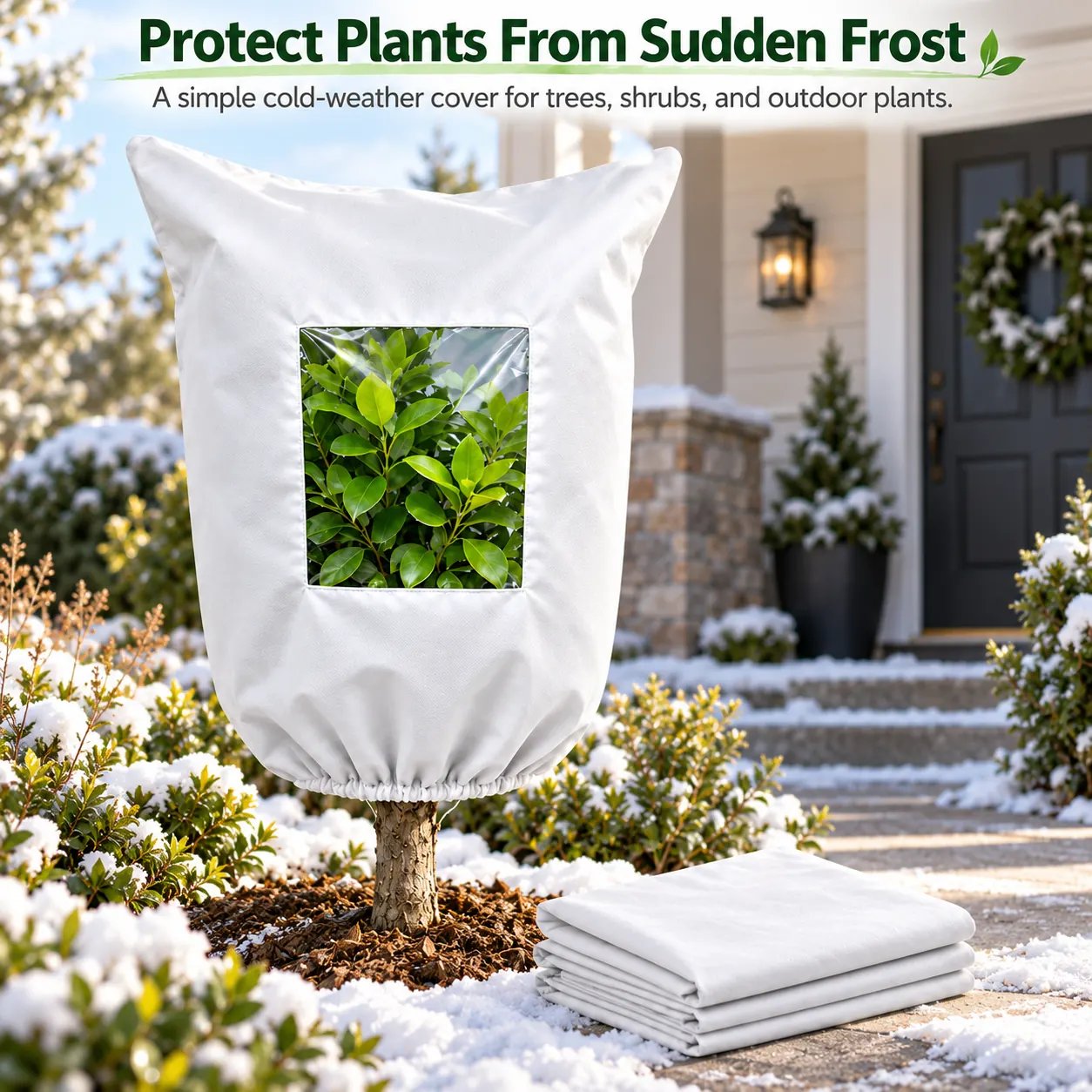 Plant frost protection cover protecting a small outdoor tree in a winter front yard