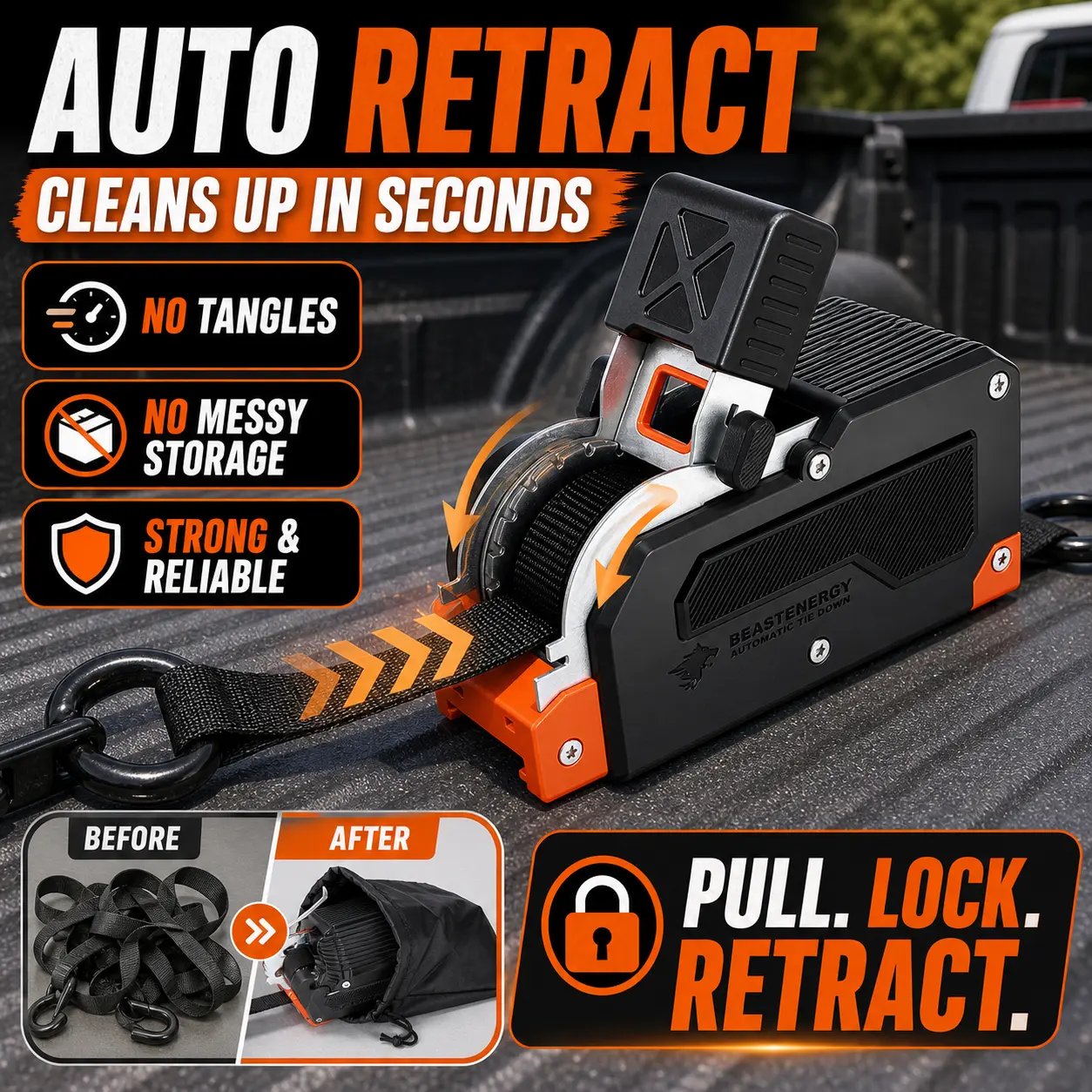 Automatic retractable ratchet tie down mechanism Automatic retractable ratchet tie down mechanism