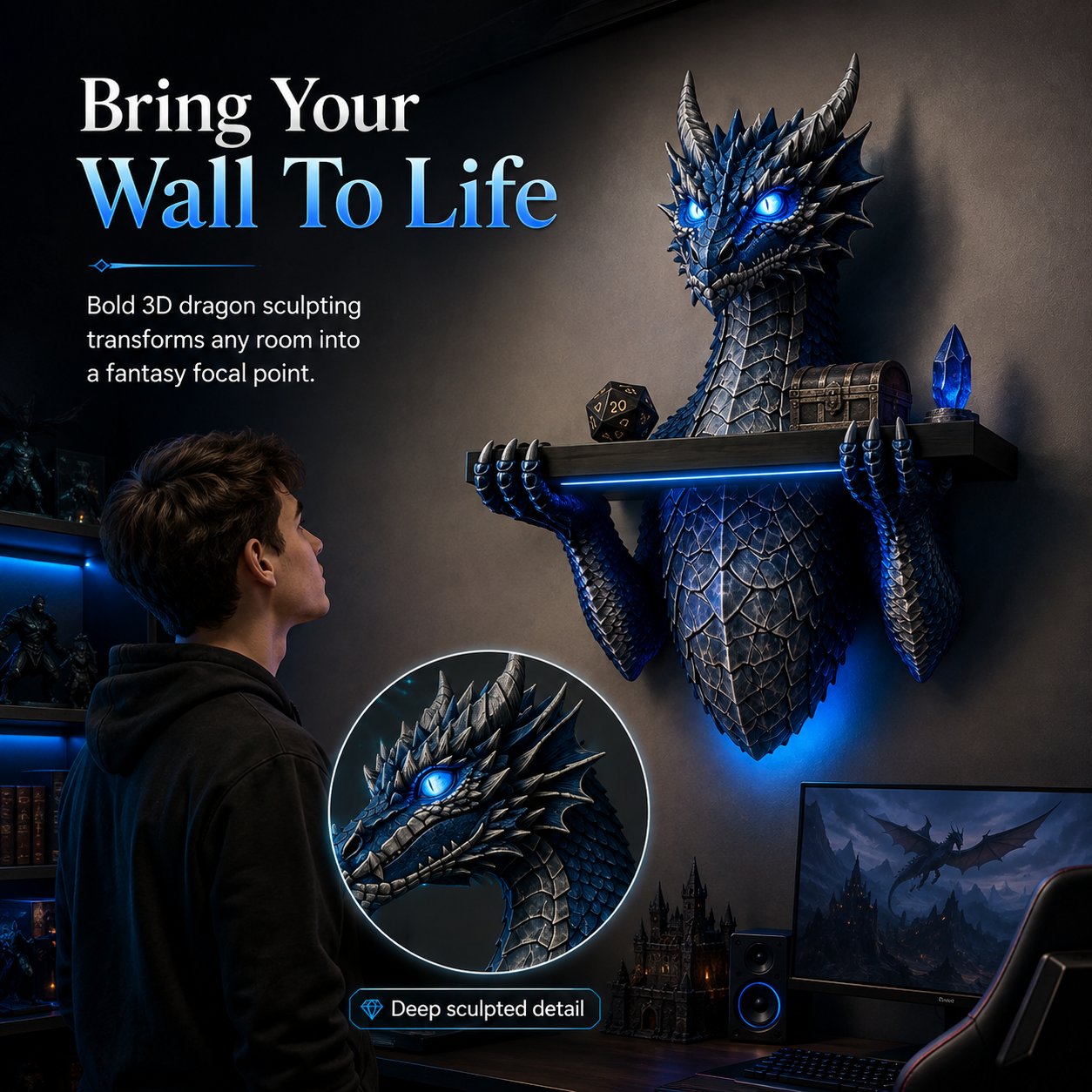Detailed 3D dragon wall display with functional shelf