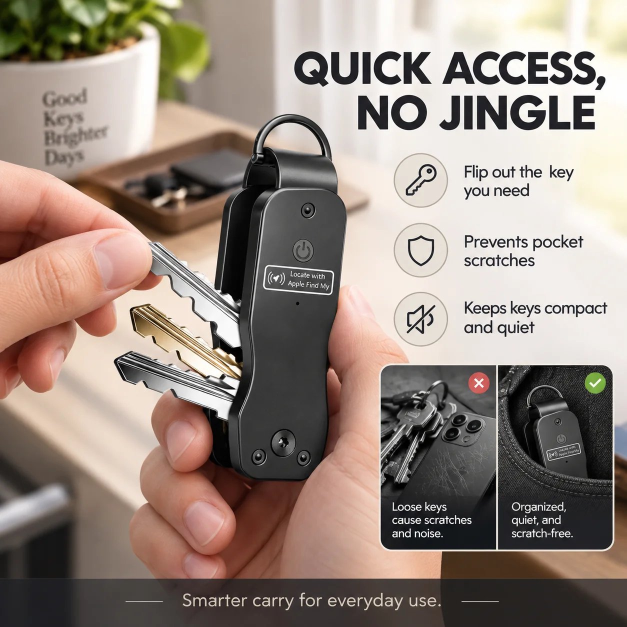 Person flipping out one key from compact smart key organizer Person flipping out one key from compact smart key organizer