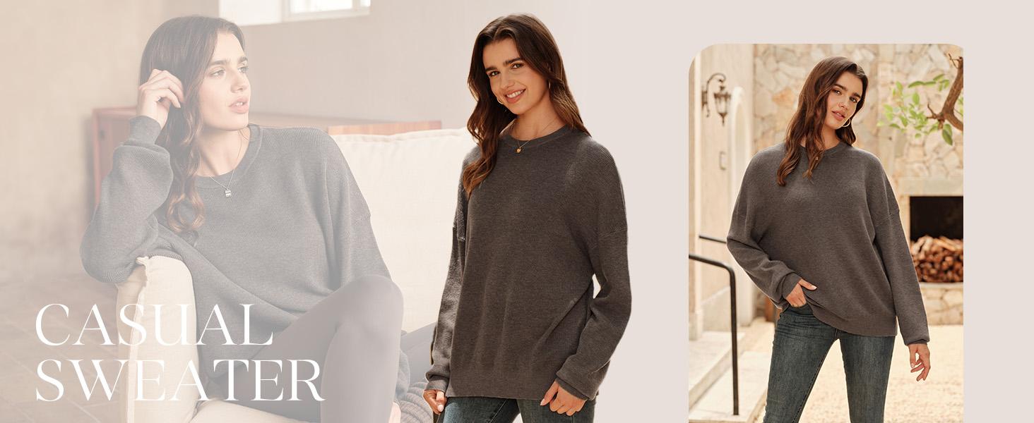 Arach&Cloz Women's Wool Blend Oversized Sweaters Crewneck Casual Spring Outfits Fashion Tops SummerVibes