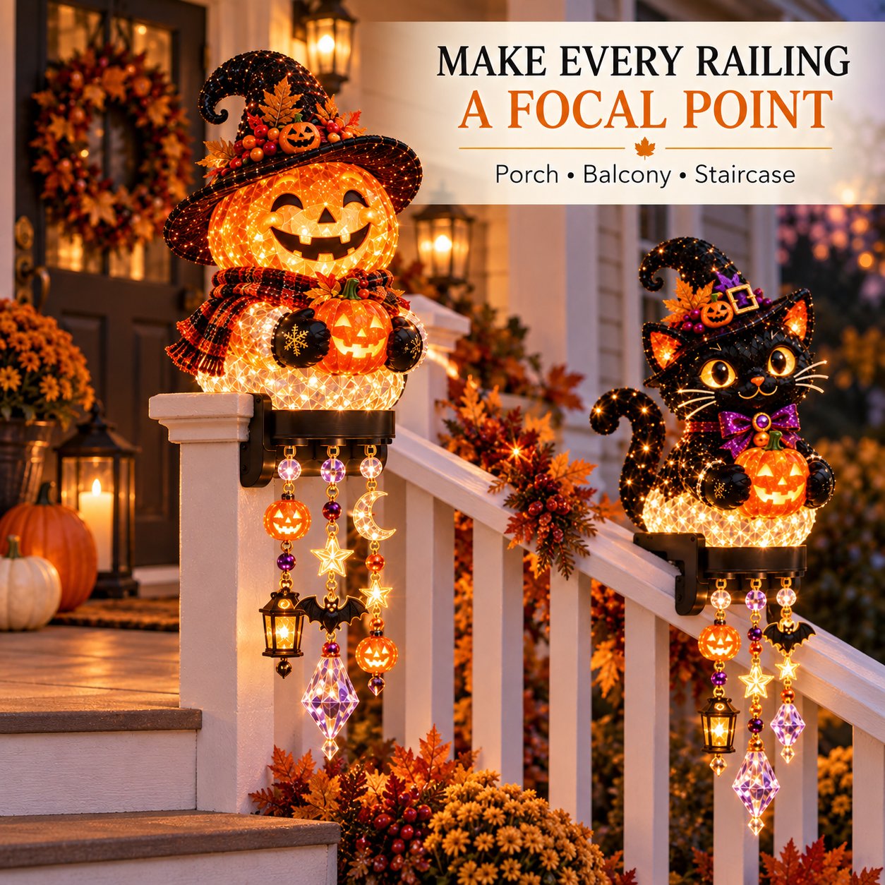 Halloween character lights displayed on porch railing