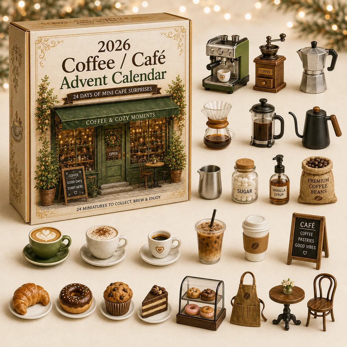 2026 Cozy Cafe Advent Calendar with 24 miniature coffee shop surprises