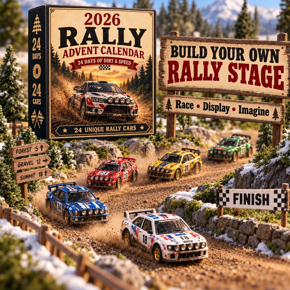 Miniature rally cars on a rally stage in the forest