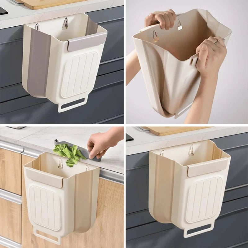 Slim hanging bin fitting naturally into a modern kitchen