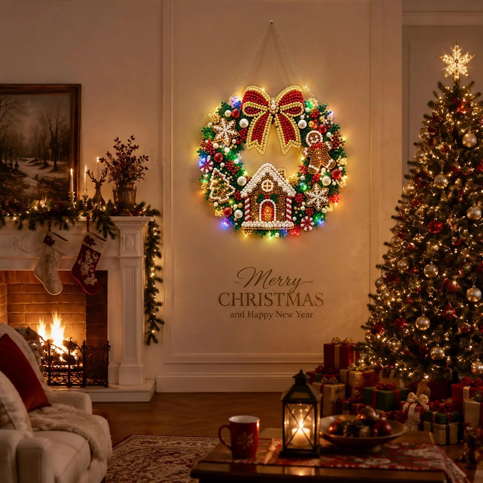Christmas diamond painting wreath used as home decor