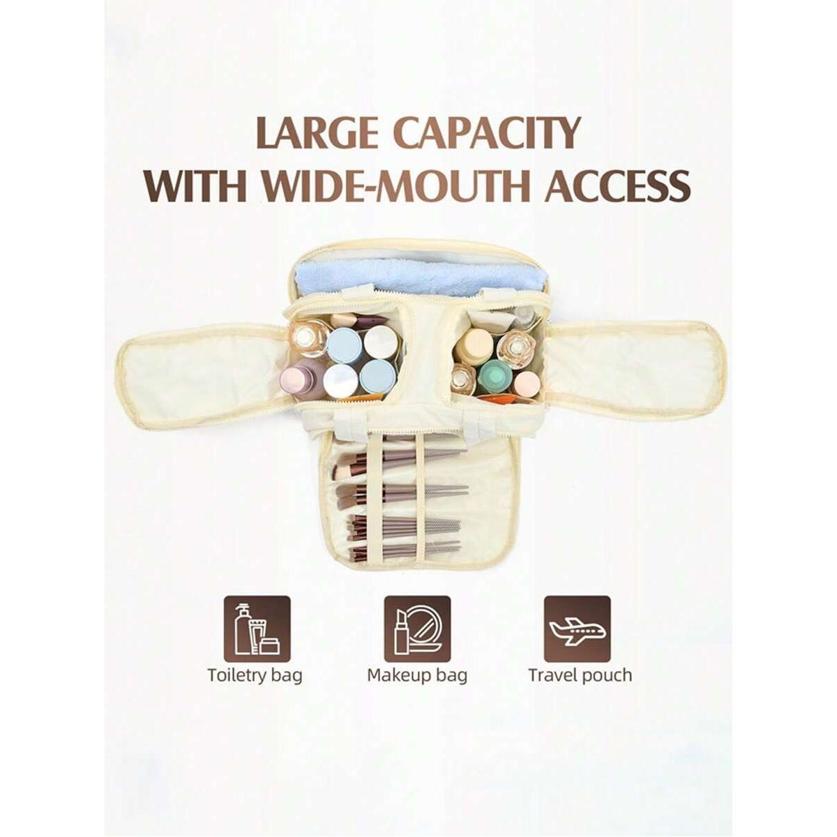 Wide-open organizer with cosmetics separated inside