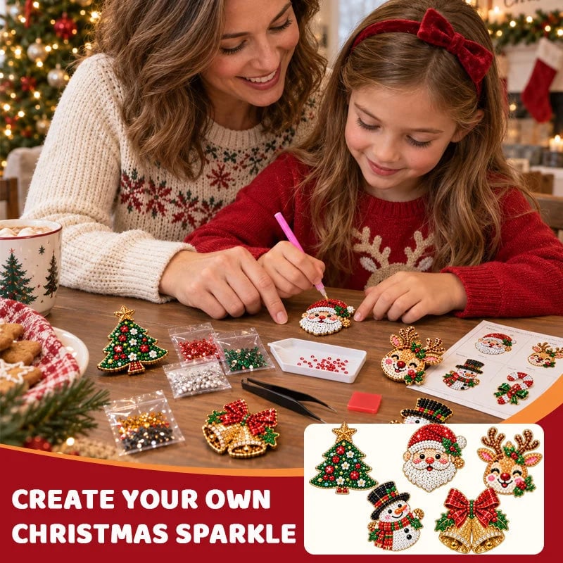 An adult and child placing gems on Christmas brooch designs
