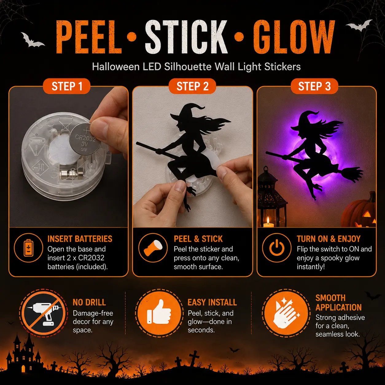 Peel stick and glow Halloween LED wall lights
