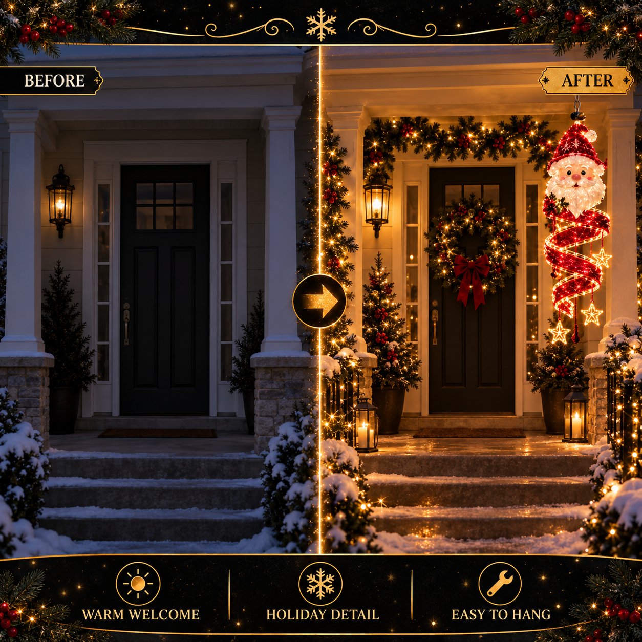 Before and after front doorway transformation with a glowing Santa Spiral light