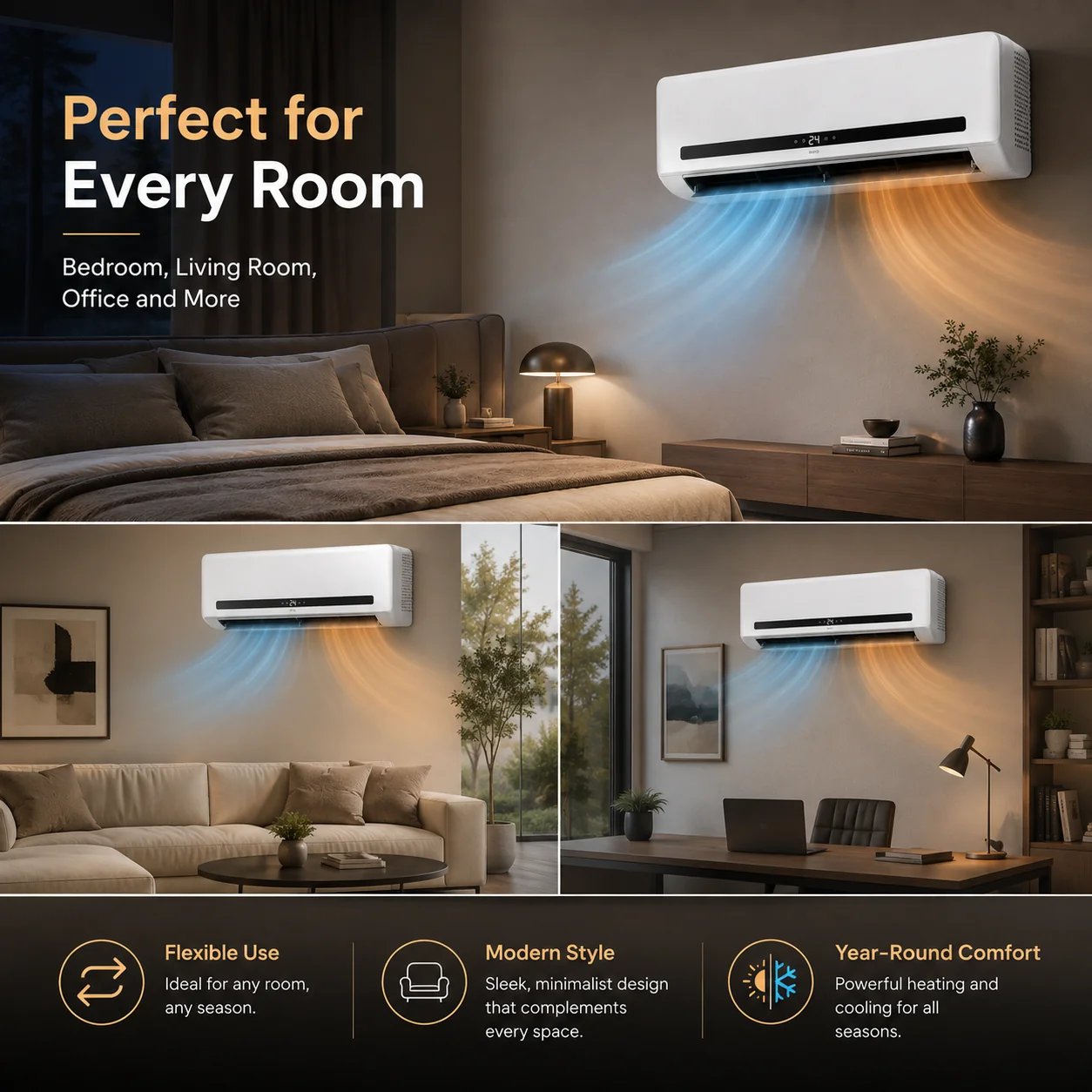 Wall mounted comfort unit for bedroom office and living room