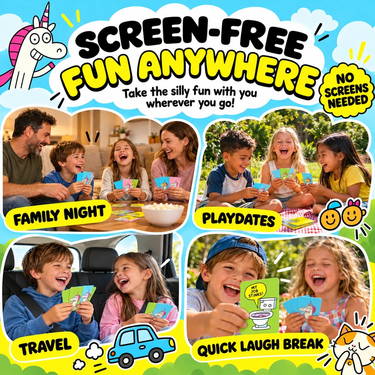 Screen-free card game for family night playdates travel and quick laugh breaks