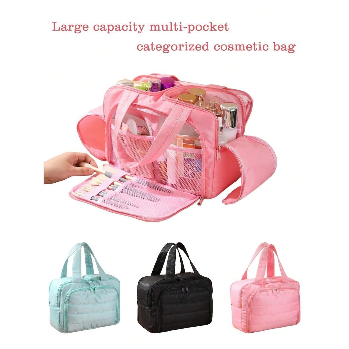 Pink organizer displaying its multi-pocket storage layout
