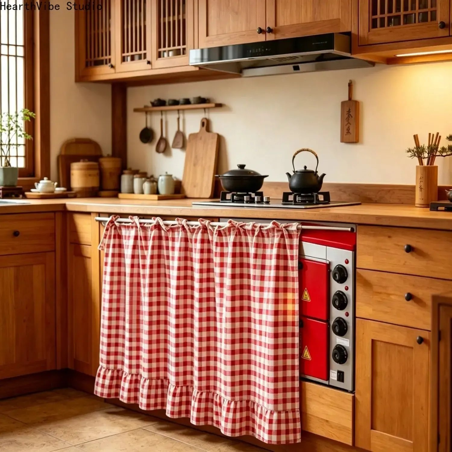 Farmhouse gingham stove curtain in kitchen