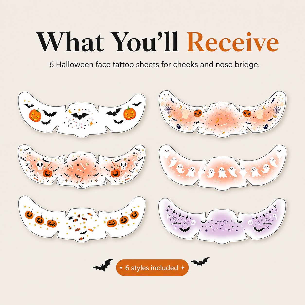 Collection of six Halloween temporary face tattoo sheets Collection of six Halloween temporary face tattoo sheets