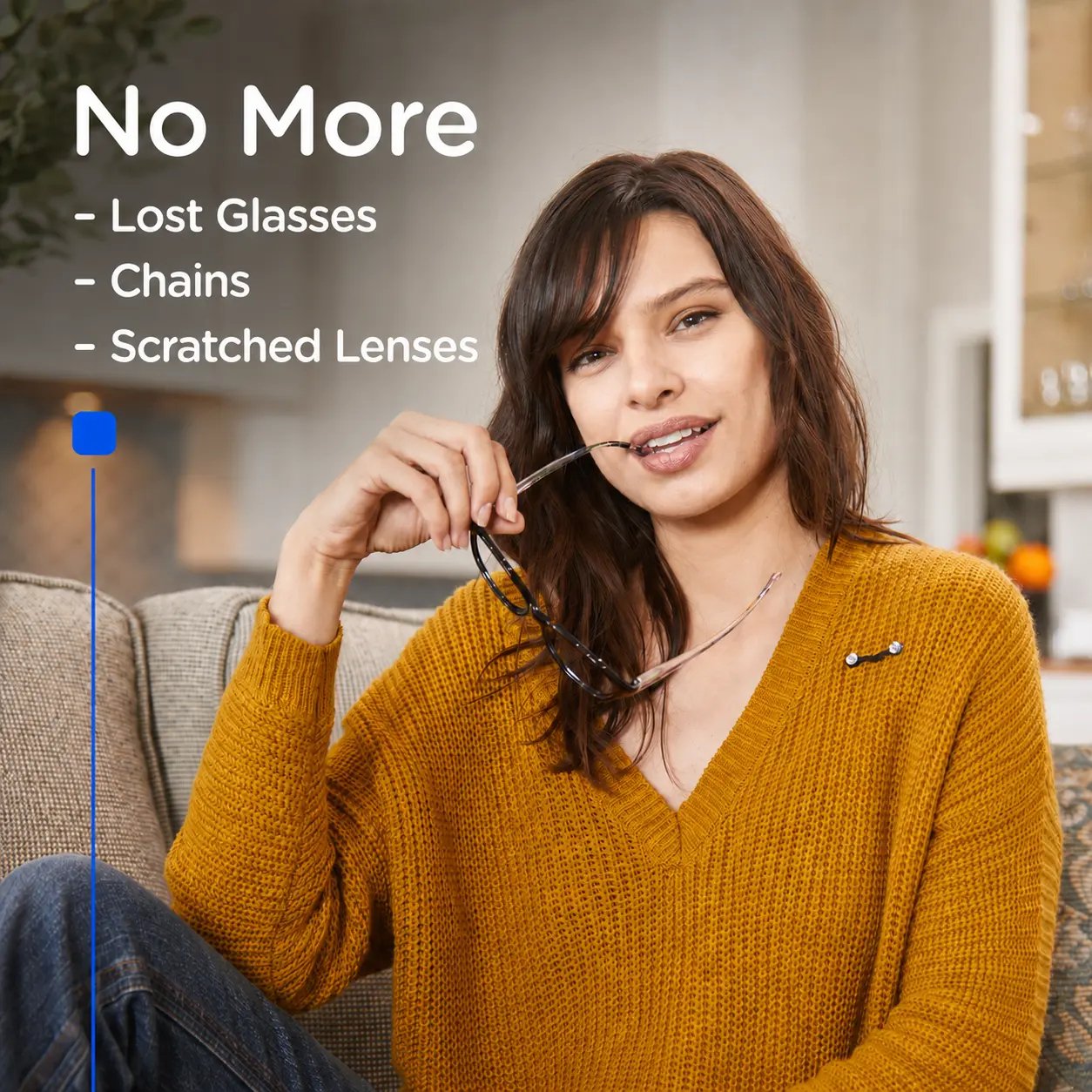 Woman wearing magnetic glasses holder