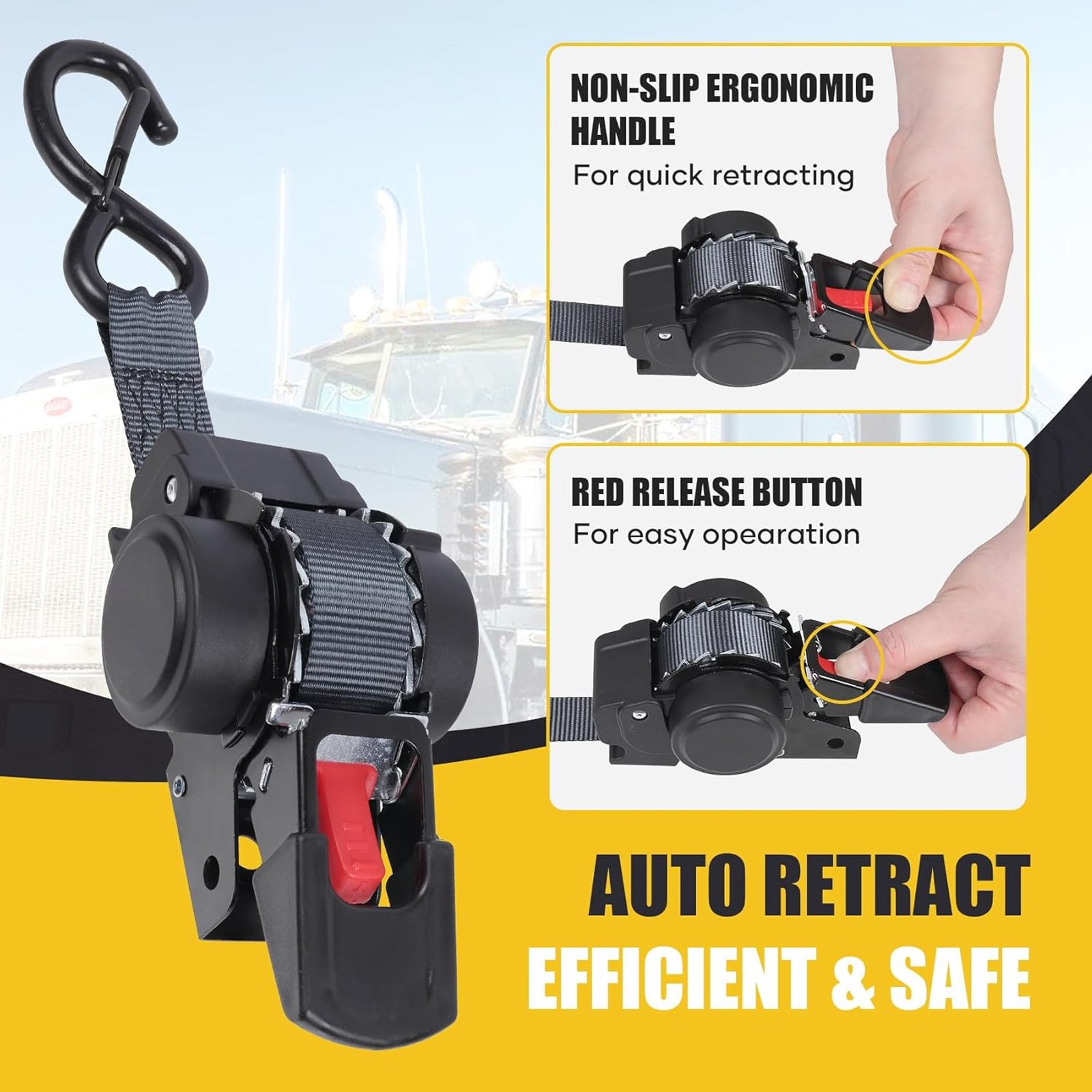 HQinX Retractable Ratchet Straps - 1 in x 10 ft Medium Duty Bolt-on Tie Down Straps, 1500lbs Break Strength for Cargo, Boat, Motorcycles, ATV (2pk)