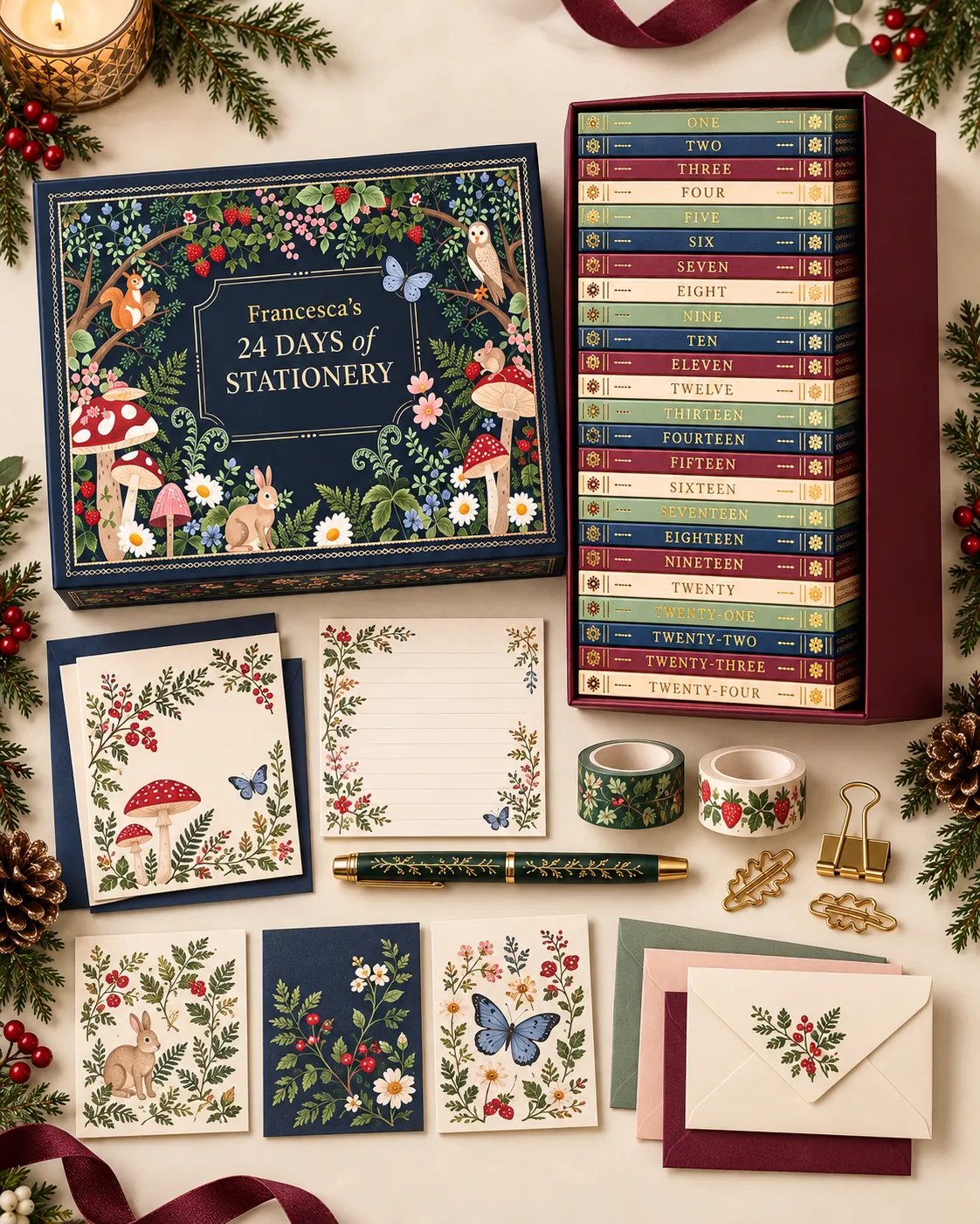 Botanical stationery assortment flat lay