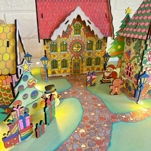 The finished village at night with the lights on