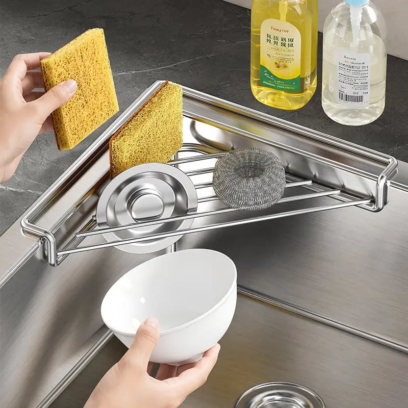 Corner sink shelf storing sponge and cleaning tools