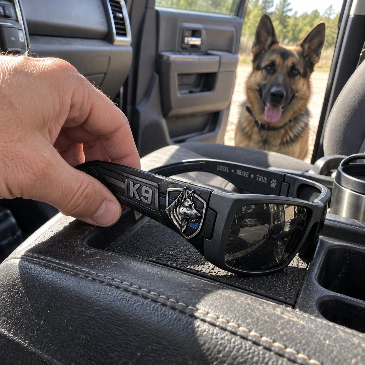 Black Shield K9 sunglasses inside a vehicle