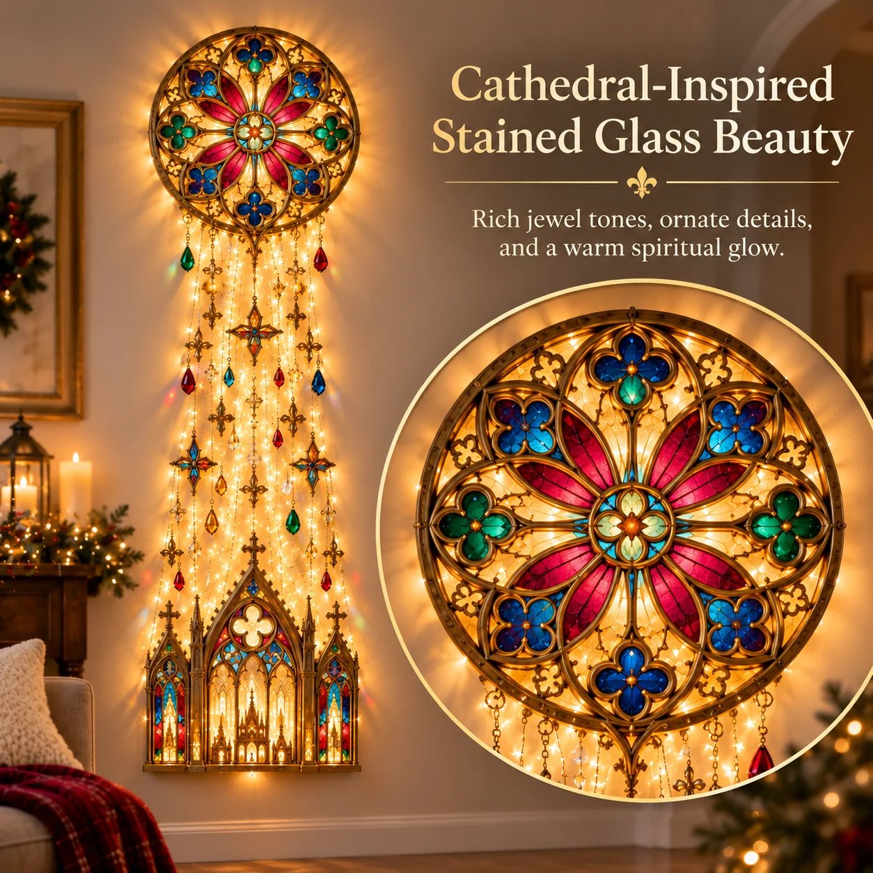 Cathedral rose-window inspired Christmas ornament detail